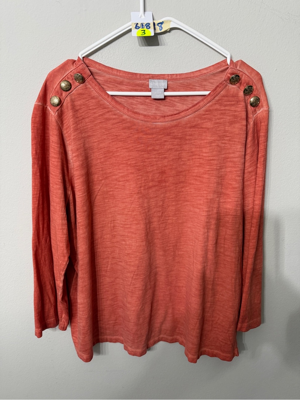 Women’s Chico’s Size 3 XL Coral Orange Button Shoulder Long Sleeve Top